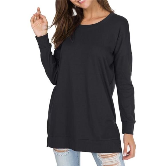 Womens Fall Long Sleeve Pullover Side Oversizes Split Casual Loose Tunic - Picture 3 of 5